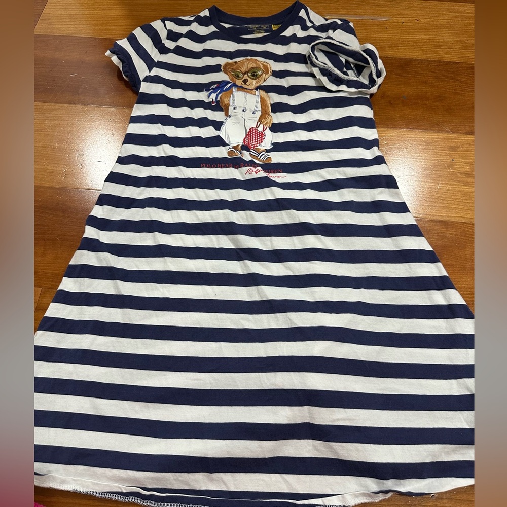 Ralph Lauren Navy and White Striped Bear Graphic Knit Dress - Girls